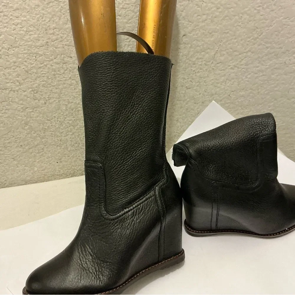H.S. Trask Black Leather Mid-Calf Wedge Heeled Boot Shoe Women's Size 6M